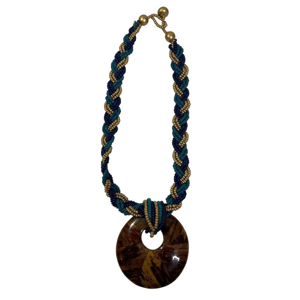 Boho Braided Statement Necklace Brown Donut Pendant Turquoise Navy Gold Beads